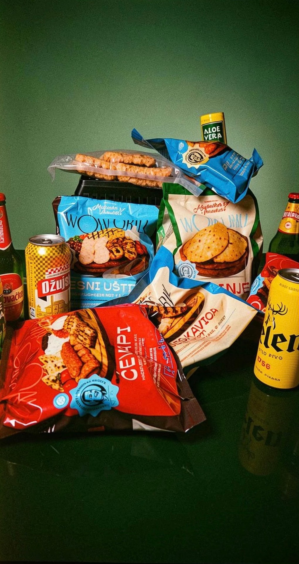 Balkan Snacks und Getränke – Ćevapi Chips, Ožujsko, Jelen